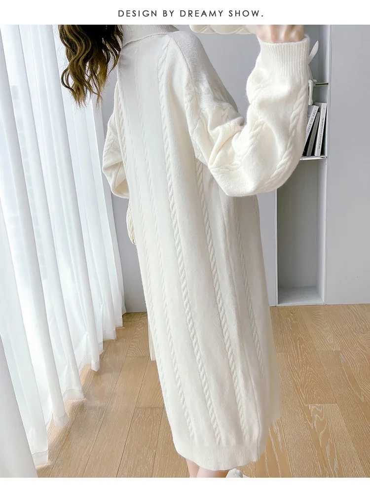 Korean Sle Autumn Materni Dress Button Fly Turn-down Collar Long Sleeve Pregnant Woman Knitting Dress Pregnancy Long SweaterXJ241213