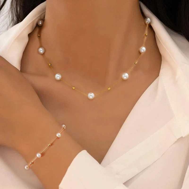 2 Pcs Exquisite Gold Color Bohemian Jewelry Set for Women Fashion Pearl Cross Pendant Necklace Bracelet Set Casual Jewelry GiftsXJ241214