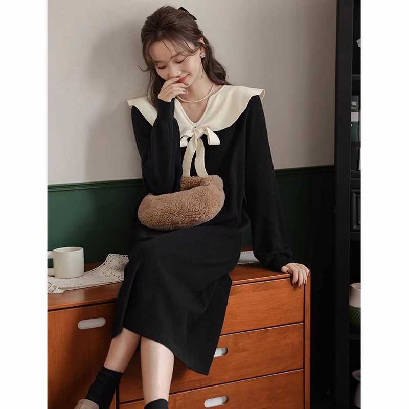 2024 Korean Sle Pregnant Women Black Dress Autumn Winter Long Sleeve Bowknot Collar Materni Knitting Dress Pregnancy SweaterXJ241213