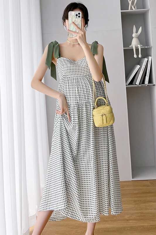 Summer Pregnant Women Dress High Waist Fashion Printed Strap Lacing Pregnancy Sleeveless Dress Materni Polka Dot Chiffon DressXJ241213