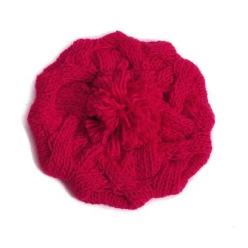 Lady Girl Twisted Hemp Flower Beret Vintage Artist for Women Warm Pompom Knitted Beanie Hat Outdoor Simple Ski Winter Cap 241214