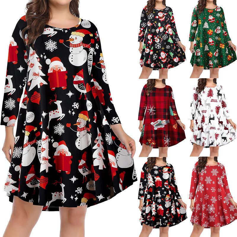 European American fashion Christmas print mid sleeve plus size women's 2024 new style chic and elegant clothing