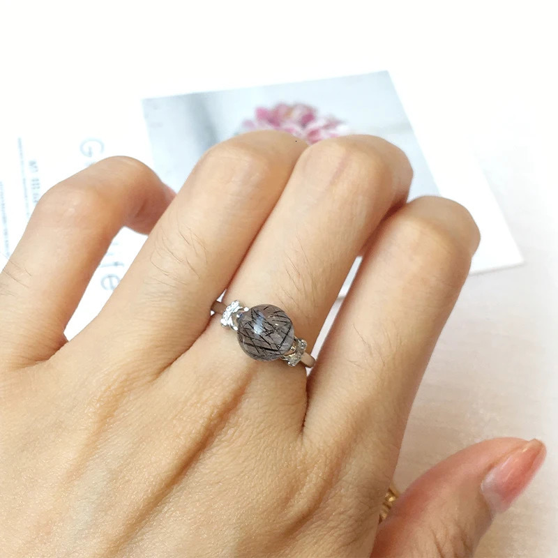 Natural Black Tourmaline Adjustable Sterling silver Ring Black Rutilated Quartz Women Fashion Finger Ring Healing Jewelry gift 241214