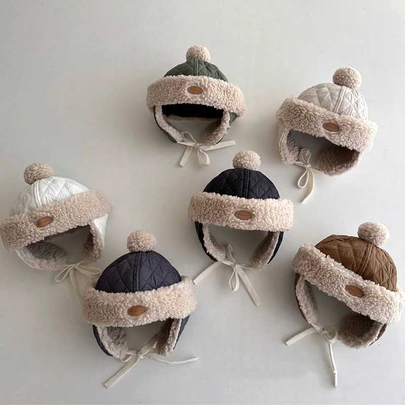 Childrens winter plush earmuffs bears childrens cushion hats baby hats thick warm fur hats 1-4 year wool bomber hats W241213