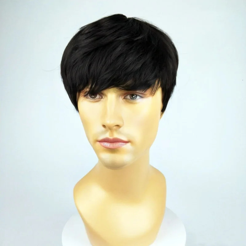 Fashion mens wig diagonal bangs short hair set black fluffy short hair synthetic fiber high temperature silk wig 241213