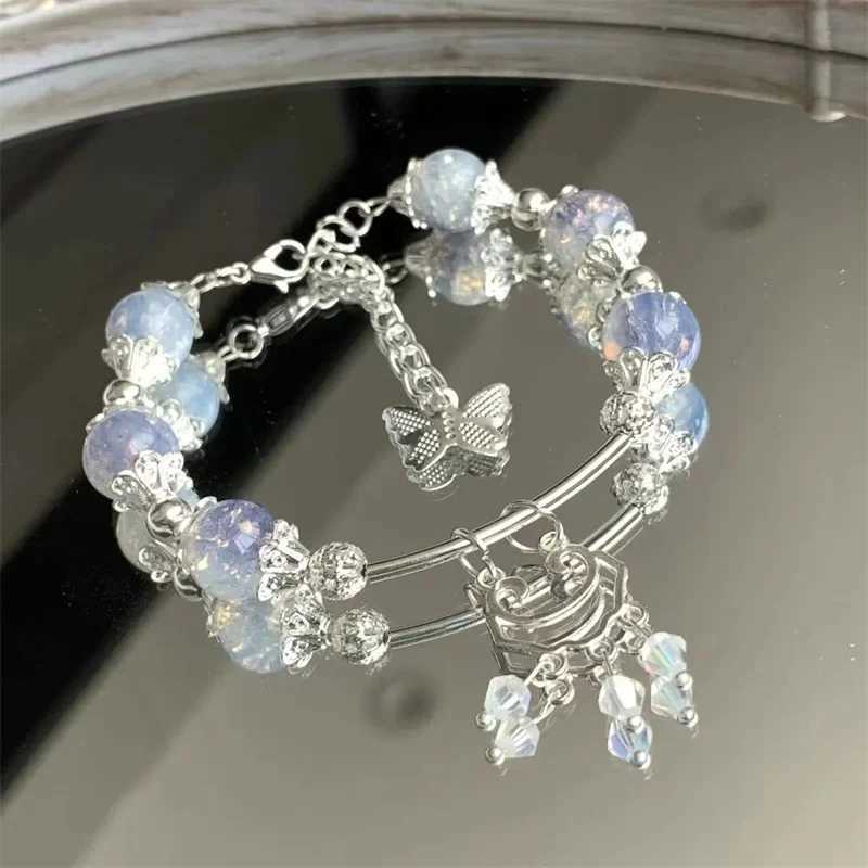 Sweet Pink Crystal Beads Bracelets for Women Girls Korean Fashion Bow Pendant Tassel Chain Bracelets Summer Jewelry AccoriesXJ241214