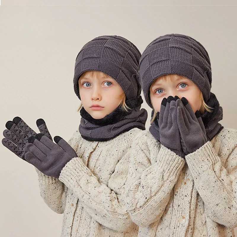 3-piece winter childrens hat glove scarf set neck warm five finger gloves plus velvet knitted hat childrens and boys accessories W241213