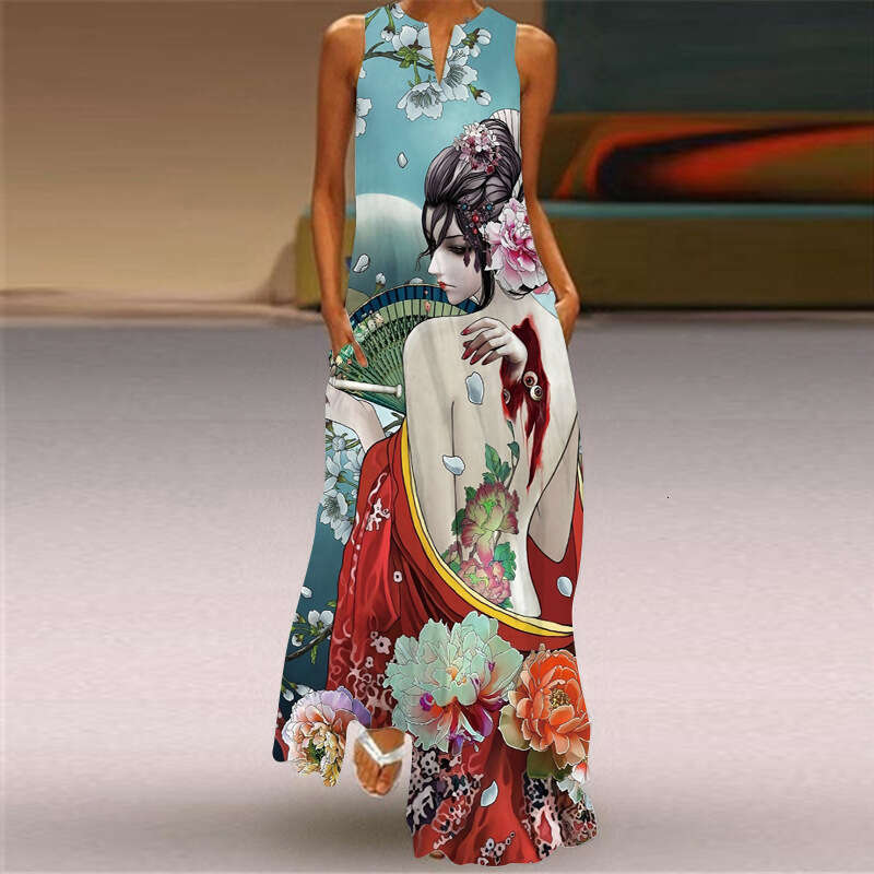 plug-in pocket European and American retro printed skirt V-neck multi-color long sexy sleeveless dress 2024 new casual versatile fashion clothing