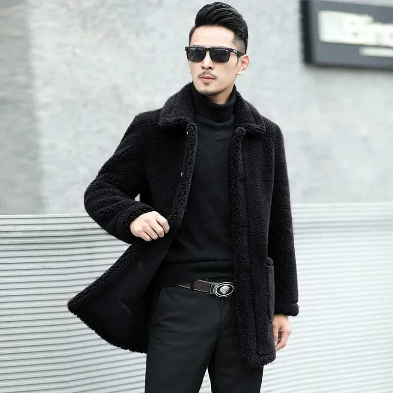 2024 Mens Winter New Authentic Wool Coat Mens Loose Genuine Fur Jacket Mens Business Casual Collar Coat F447 W241213