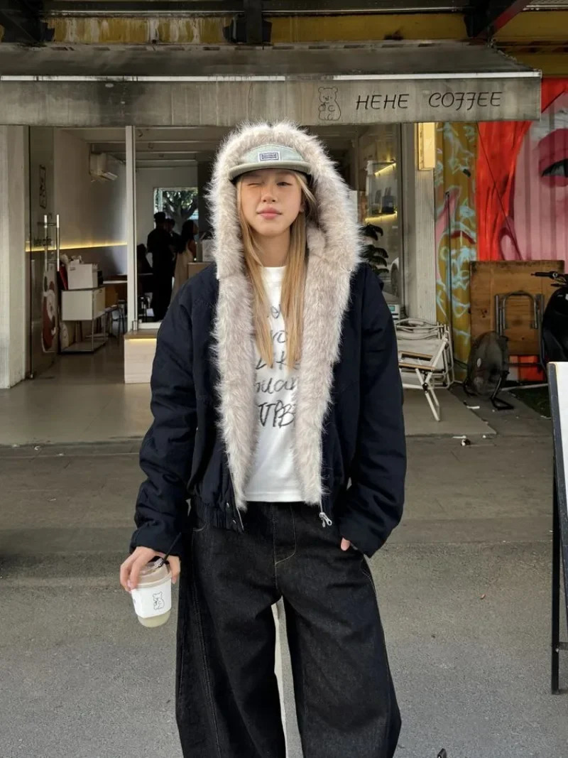 American retro fur collar hooded zipper jacket fashionable street zipper hooded jacket Harajuku hip-hop Y2k hooded jacket 241210