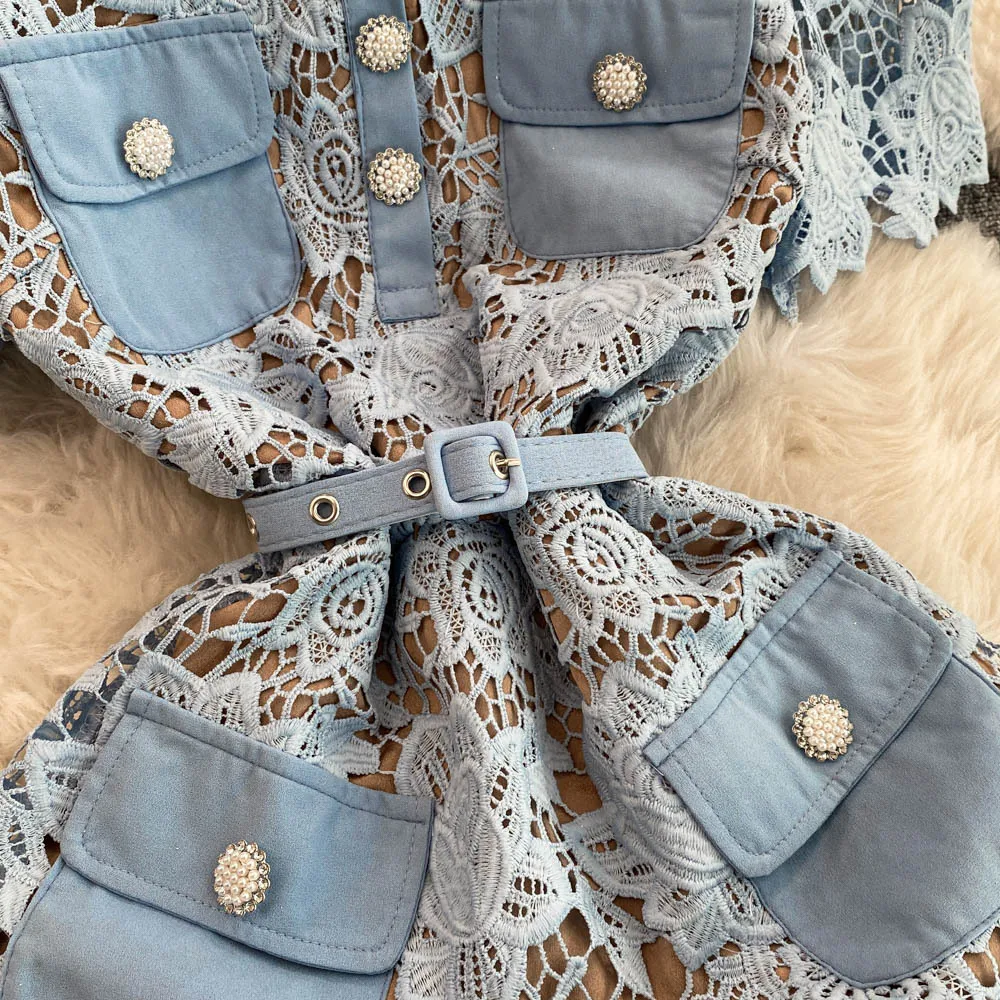 Casual Dresses Summer Quality Summer Embroidery Fishtail Short Evening Prom Dress Women Blue Beaded Button Ruffle Belt Mini Party Flower Dresses Brand