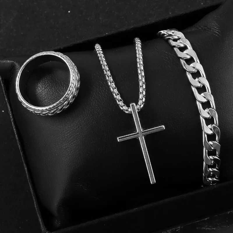 Punk Cross Pendant Necklace Bracelet Chain Ring Mens Set Simple Personality Hip Hop Party Three Piece Jewelry AccoriesXJ241214