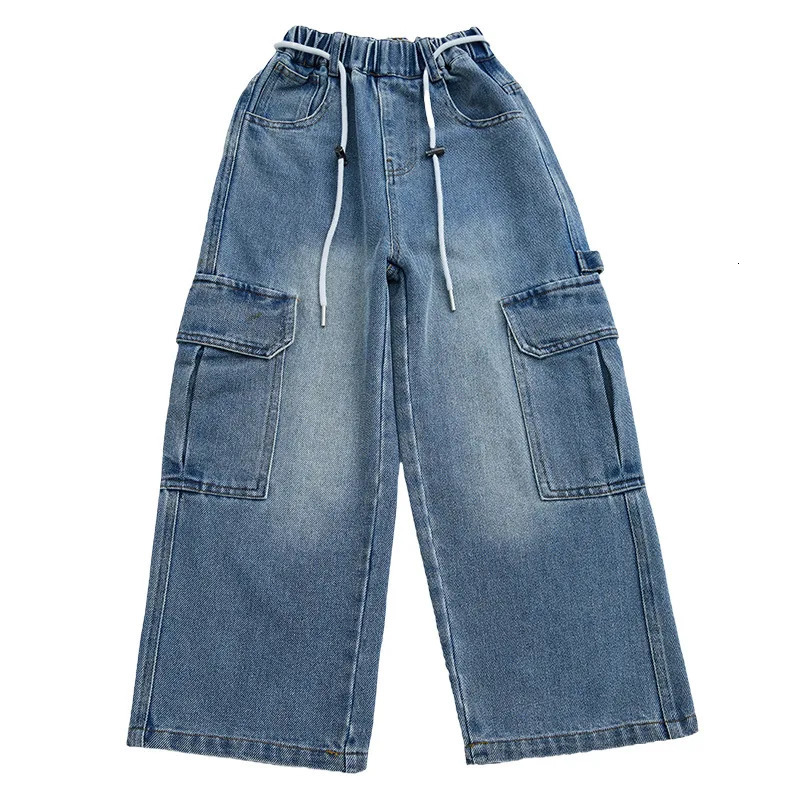 Cargo Jeans for Girls Spring Autumn Loose Casual Elastic Waist Teenage Children Wide Leg Pants Streetwear Kids Trousers 241213
