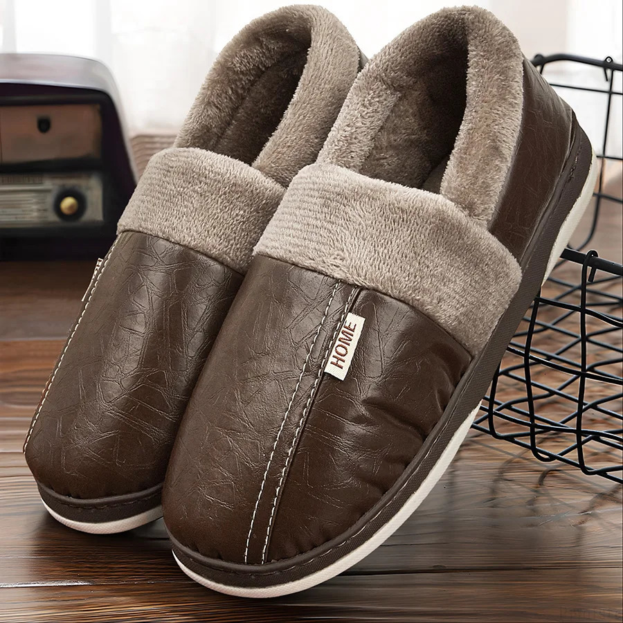 Mens Home Slippers Leather Memory Foam Furry IndoorOutdoor Shoes Couple Winter Warm Soft Nonslip y 241214