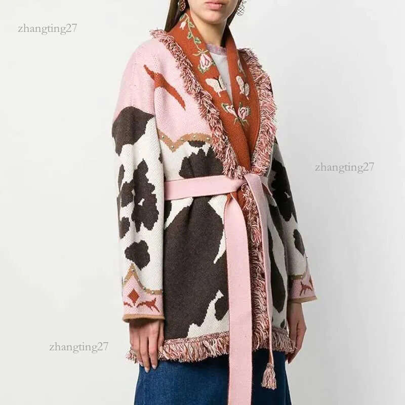 Women's Knits & Tees Boho Inspired Jacquard Cashmere Belted Cardigan Women Warm Fringed Winter Coat Oversized Long Sleeve Sweater