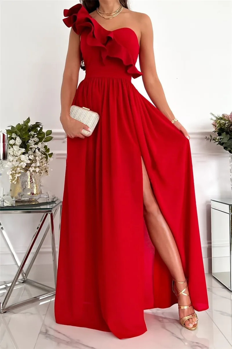 Red Evening Dress One Shoulder Flower Stickers Sleeveless Slimming Party Ball Backless Long 241212
