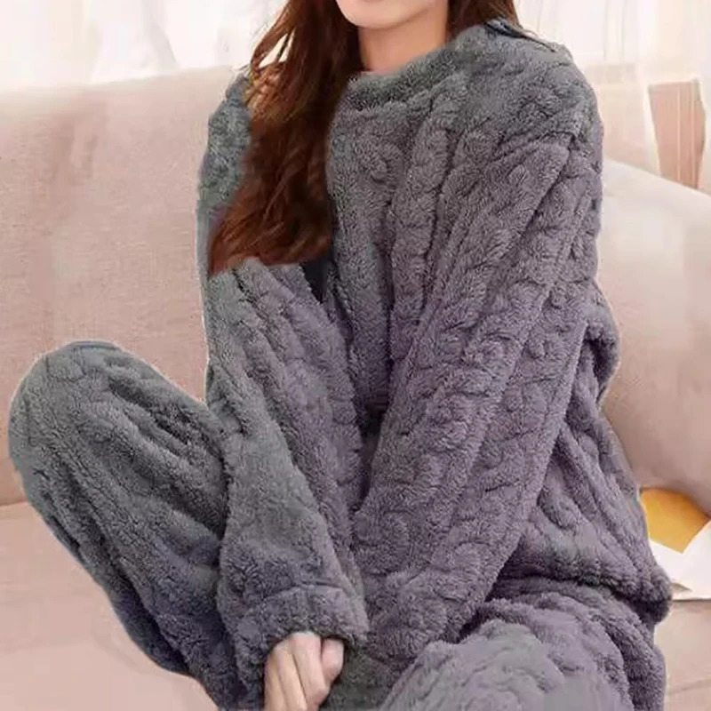 Womens Pajamas Set Winter Sleepwear Oneck Loose Long Sleeve Top Elastic Waist Leg Pant Sets Trousers Plus Size Matching 241203