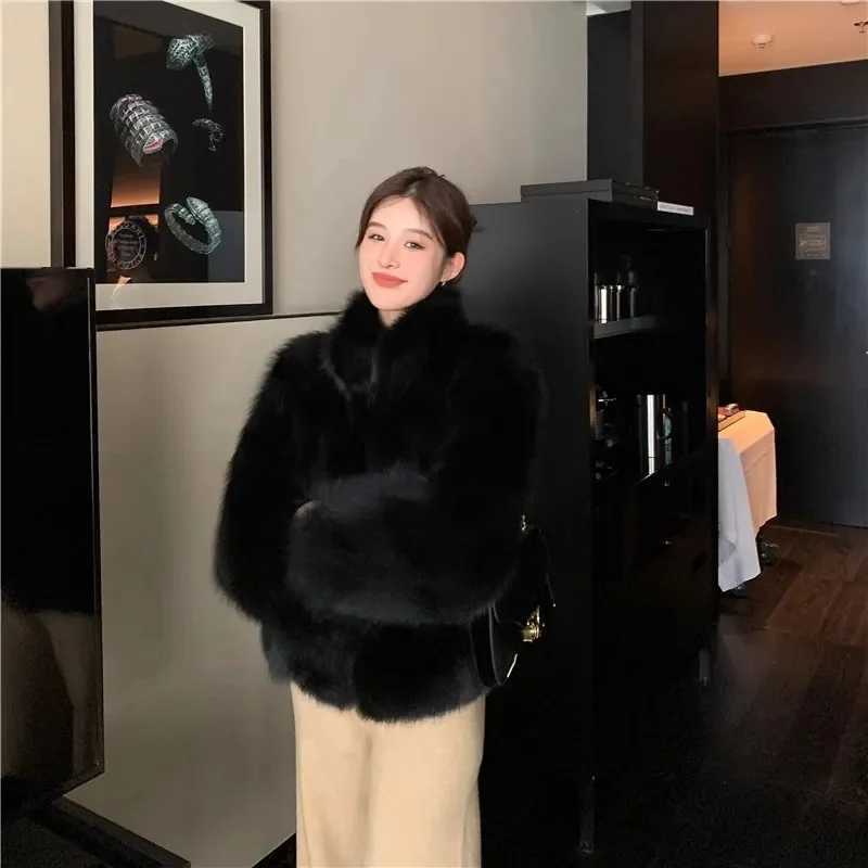 2024 New Imitation Hair Environmental Protection Fur Autumn/Winter Stand Collar Short Fur Coat Womens Thick Warm Jacket Brown X241214