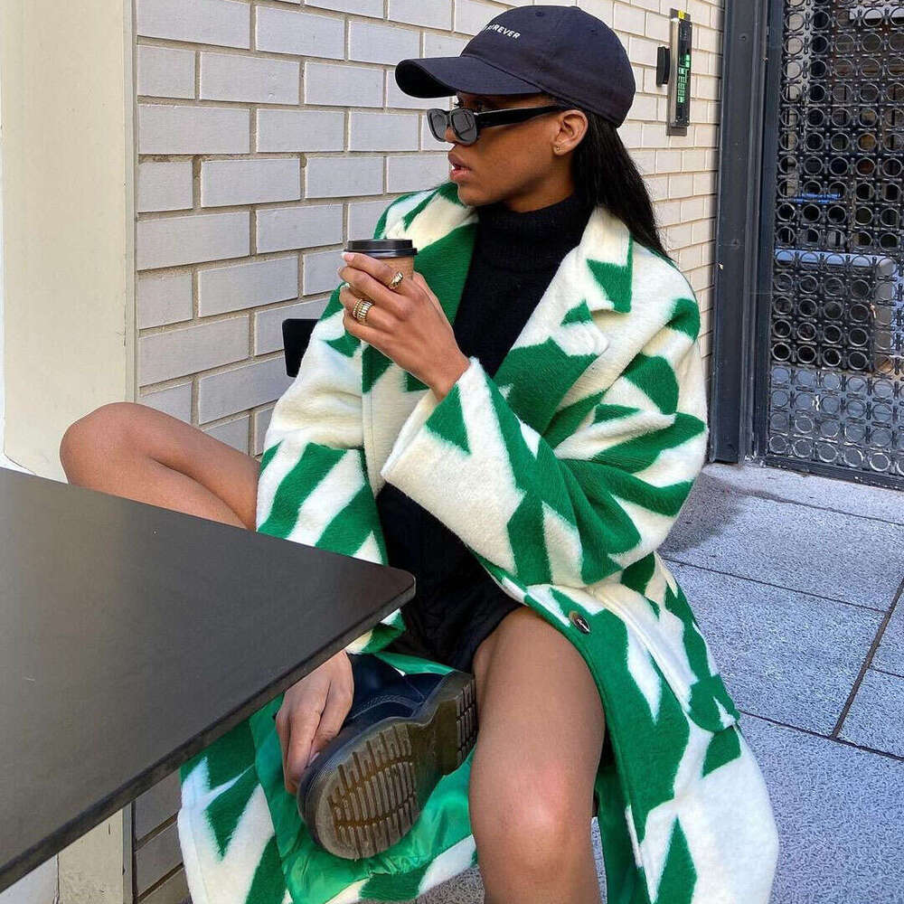 New European And American Autumn Cross Border Women's Clothing Multiple Color Blocked Fashion Long Sleeved Collar Printed Woolen Coat