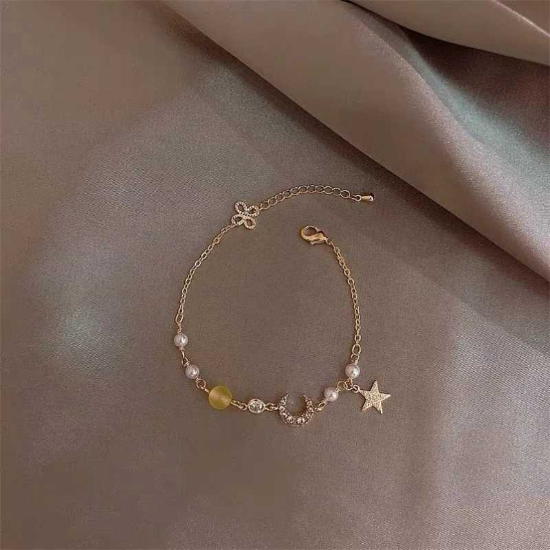 Korean Simple Star Moon Zircon Pearl Bracelet For Women Ladies Cute Elegant Exquisite Shiny Link Chain Bracelet Charm JewelryXJ241214