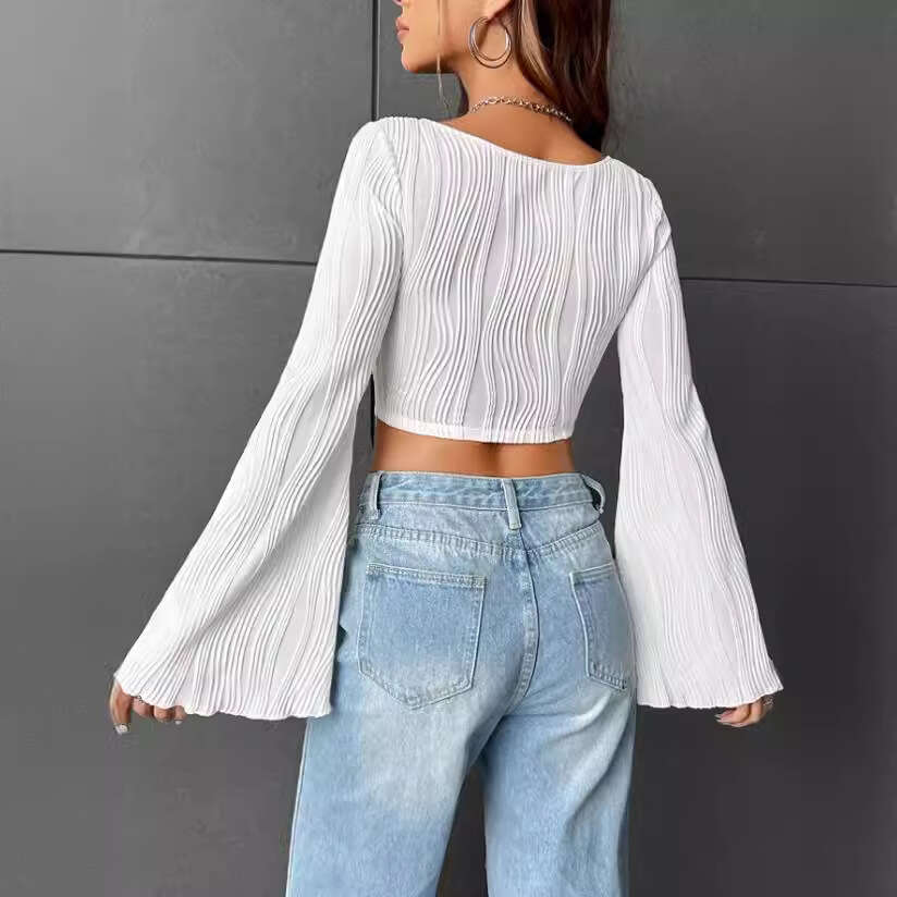Women's 2024 Summer Thin U-neck Top with Water Wave Pattern, Slim Fit, Exposed Umbilical Speaker Long Sleeve T-shirt for Women