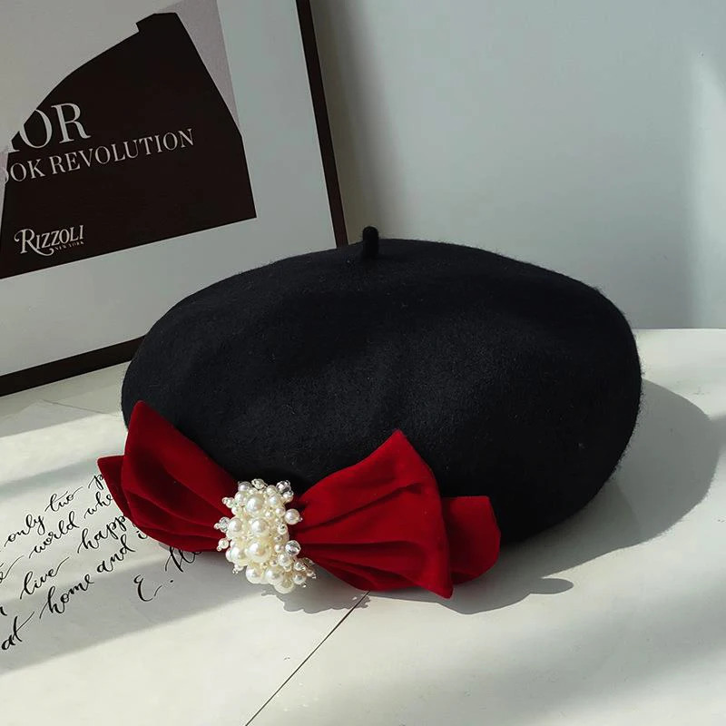 Womens autumn and winter black wool lacquered hat large velvet bow elegant pea fashion sweet artist beret 241210