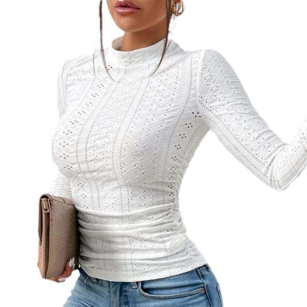 2023 versatile base shirt autumn new half high collar eyelets long sleeved slim fit t-shirt