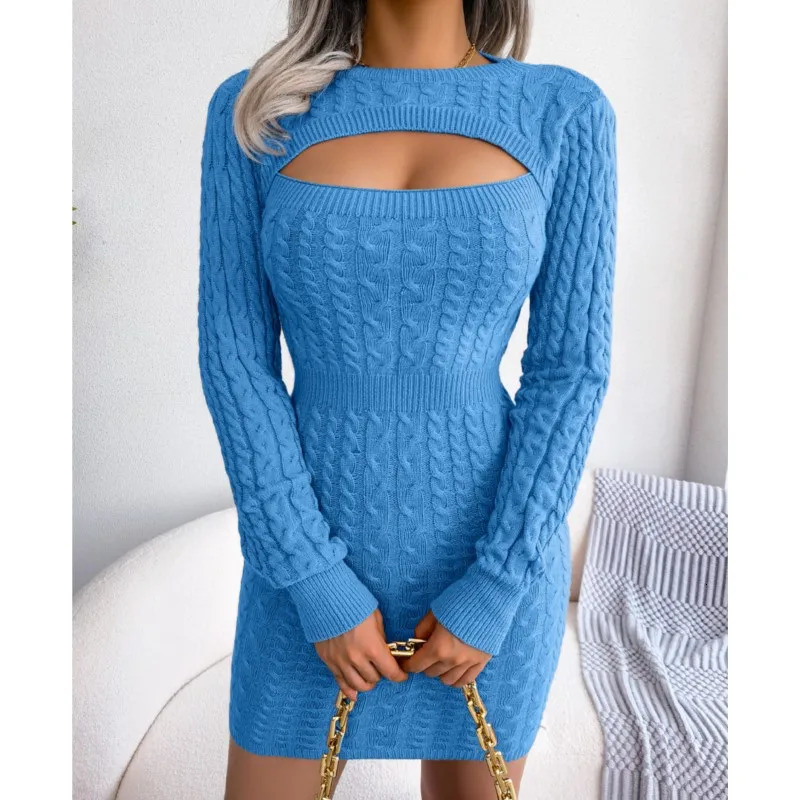 Autumn and winter sexy hollow fried dough twisted waist bag button wool dress round neck long sleeved pencil skirt 241212