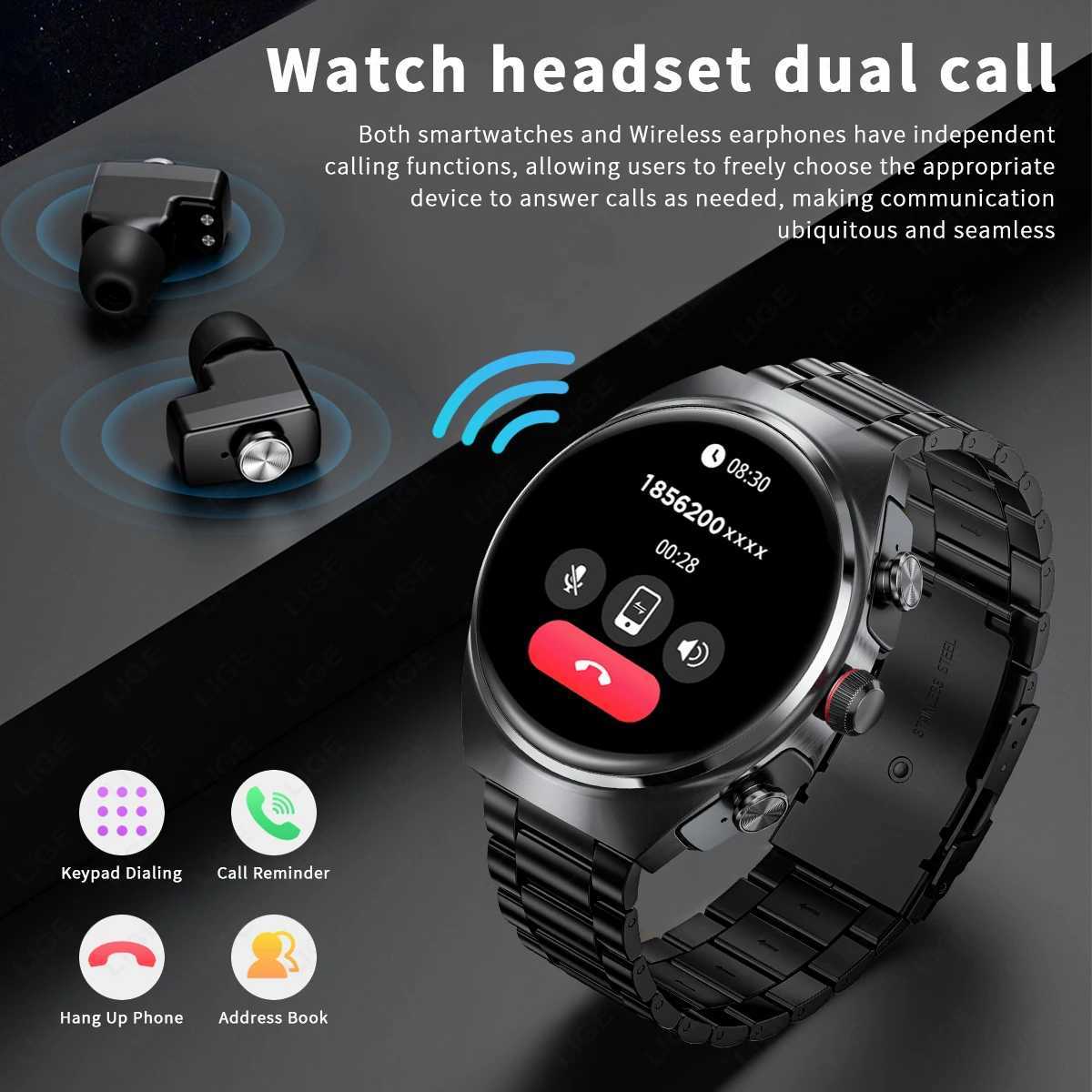 High Quality LIGE Headset Smart Watch TWS 2 In 1 Wireless BT Headset Call NFC Health Monitoring Sports Music Smartwatch Waterproof O241213