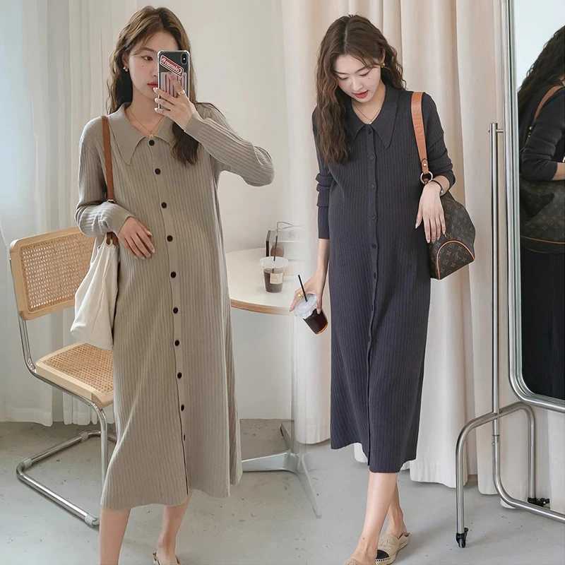 Autumn Pregnant Woman Knit Dress Long Sleeve Turn-down Collar Single-breasted Materni Straight Dress Pregnancy Pleated DressesXJ241213