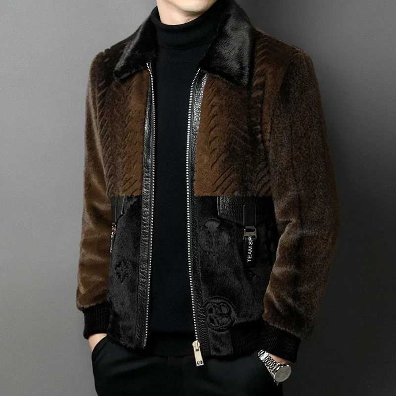 2024 Winter Mens Fashion Authentic Fur Warm Jacket Mens Collar Patch Work Jacket Mens Genuine Fur Casual Jacket F467 W241213