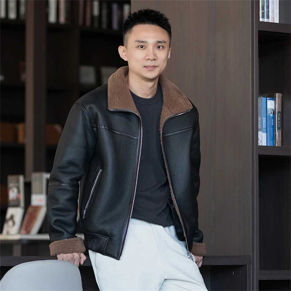 2024 LUHAYESA Merino Sheepskin Shearling Coats Black Brown Men Daily Casual Thicken Warm Natural Fur Clothes W241213
