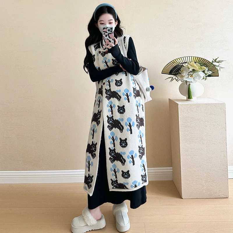 Pregnant Woman Autumn Winter Sleeveless Knitted Dress Fashion Printed Materni Sundress Button Fly Long Loose Cardigans SweaterXJ241213