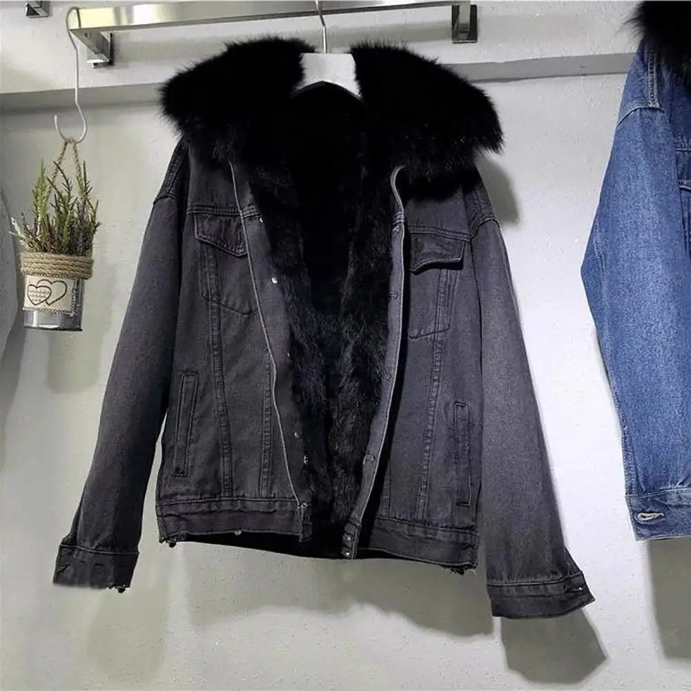 Winter womens coat faux fur retro hooded thick singlelayer warm open collar wool lapel pocket denim 241211