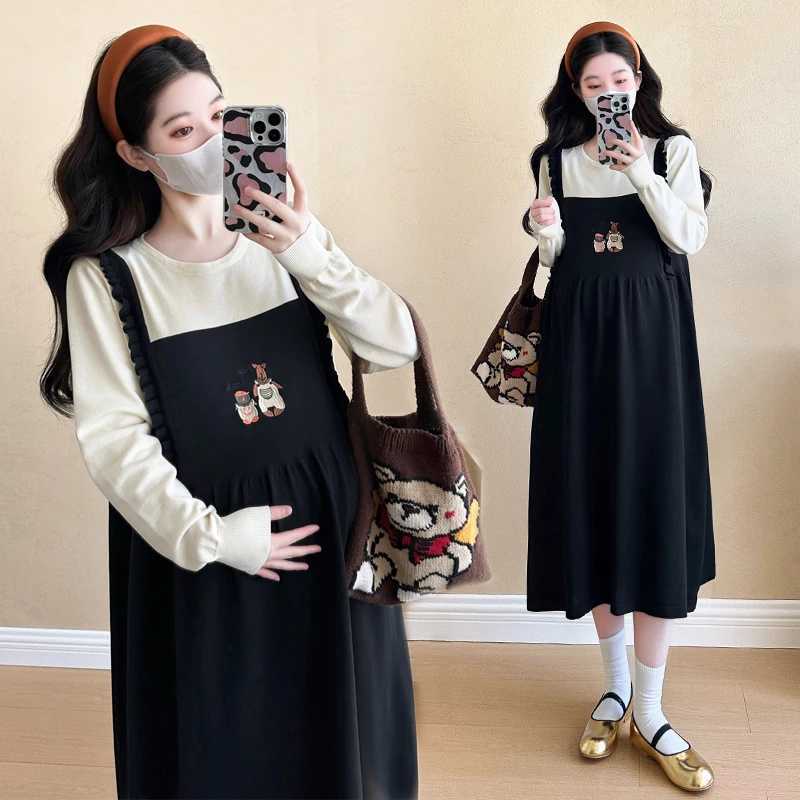 2024 Autumn Materni Knitte Dress Fashion Long Sleeve Pregnant Woman Embroidery Dress Sweet Lady Dresses Faux Two Pieces DressXJ241213