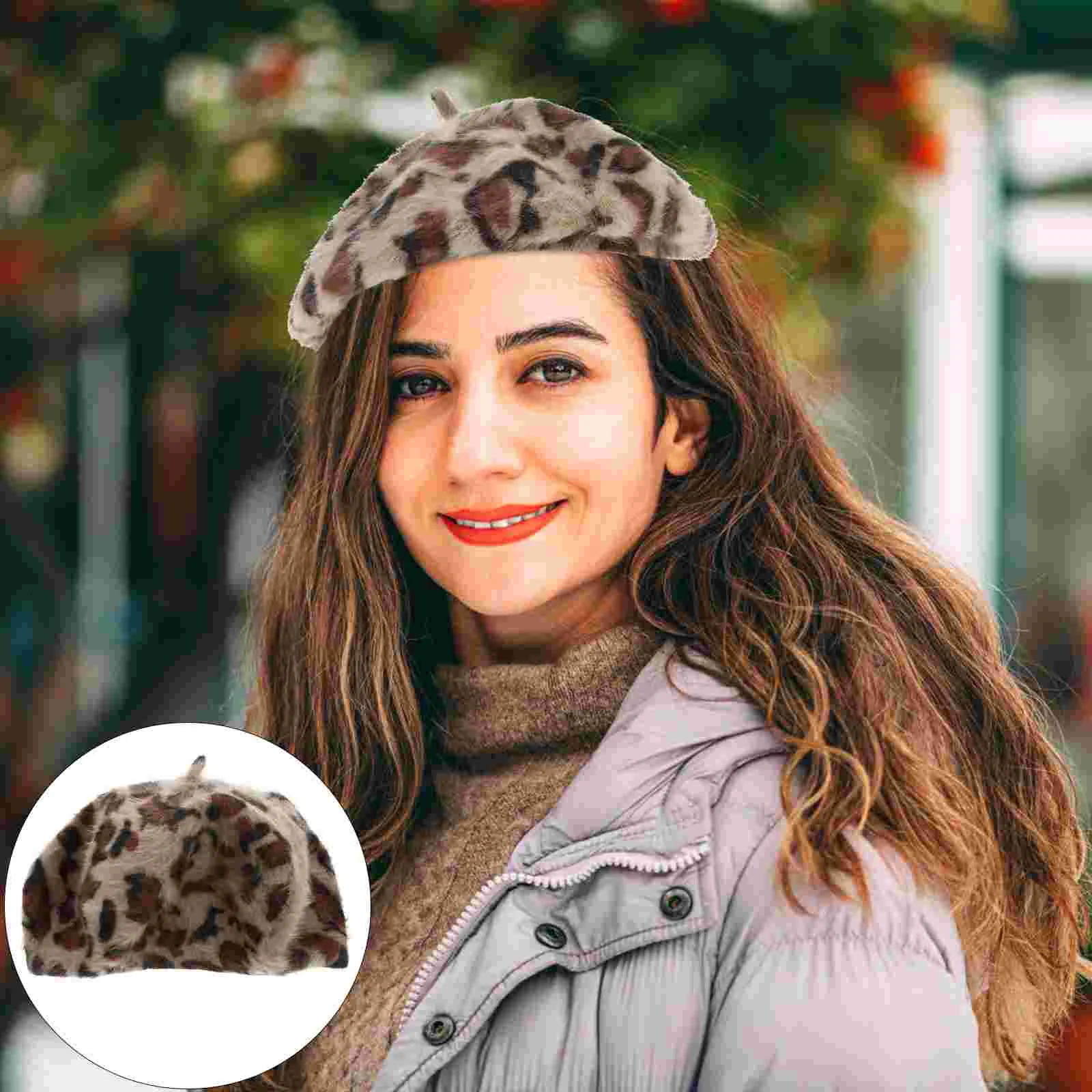 Leopard Print beret fur fluffy womens French rabbit hat women 241210