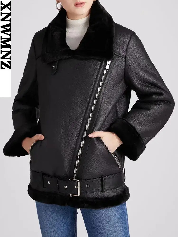 XNWMNZ Winter Coat Womens Thick Artificial Leather Fur Sheepskin Coat Womens Leather Jacket Pilot Jacket Casaco Feminino 241210