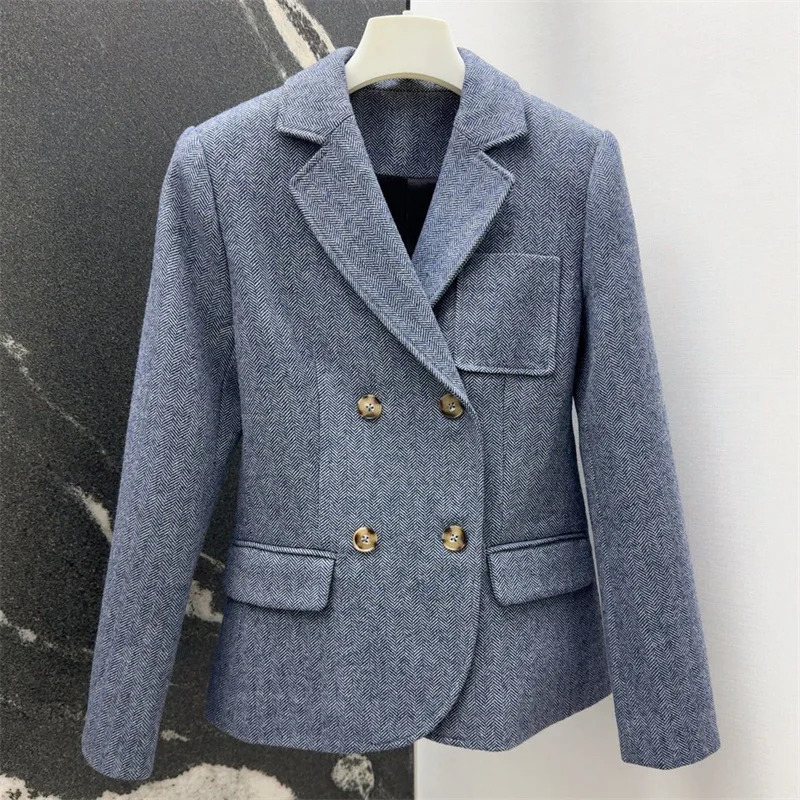 Womens jacket autumn in outerwears double breasted slim womens suit Wool blend long sleeved top blazer 241209