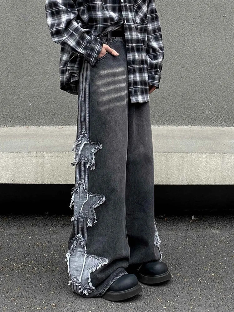 2024 Ropa Y2K Streetwear Star Patchwork Embroidered Luggage Stacked Jeans Mens Wide Leg Old Straight Denim Shorts 241211