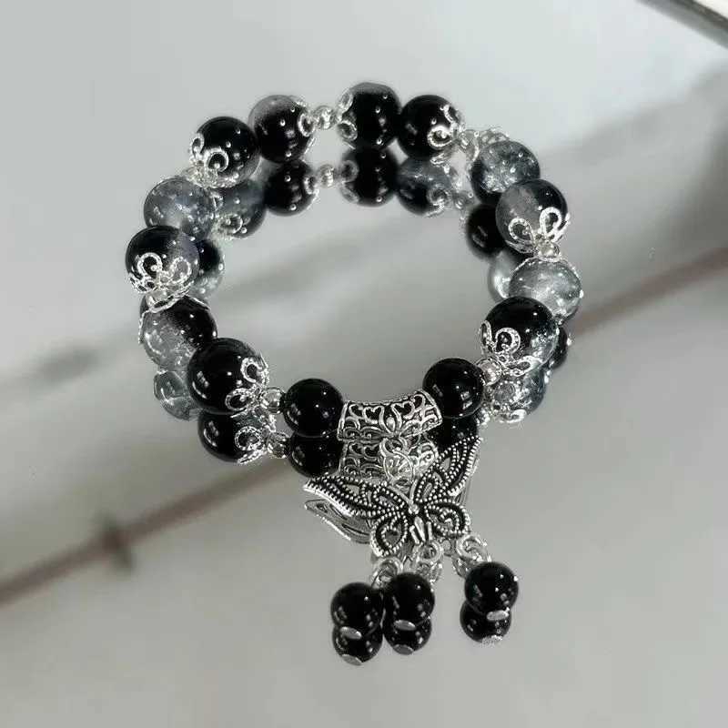 Chinese Style Red Crystal Feather Cross Pendant Bracelet For Girls Women Vintage Elastic Beaded Chain Bracelet Jewelry GiftsXJ241214
