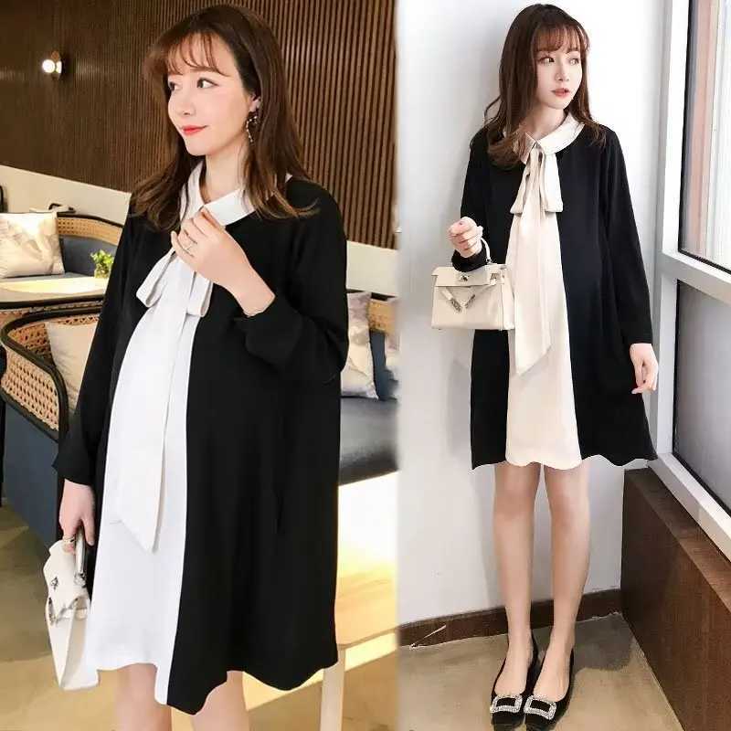 2024 spring pregnant women dress long sleeve turn-down collar patchwork materni a-line dresses loose woman clothes pregnancyXJ241213