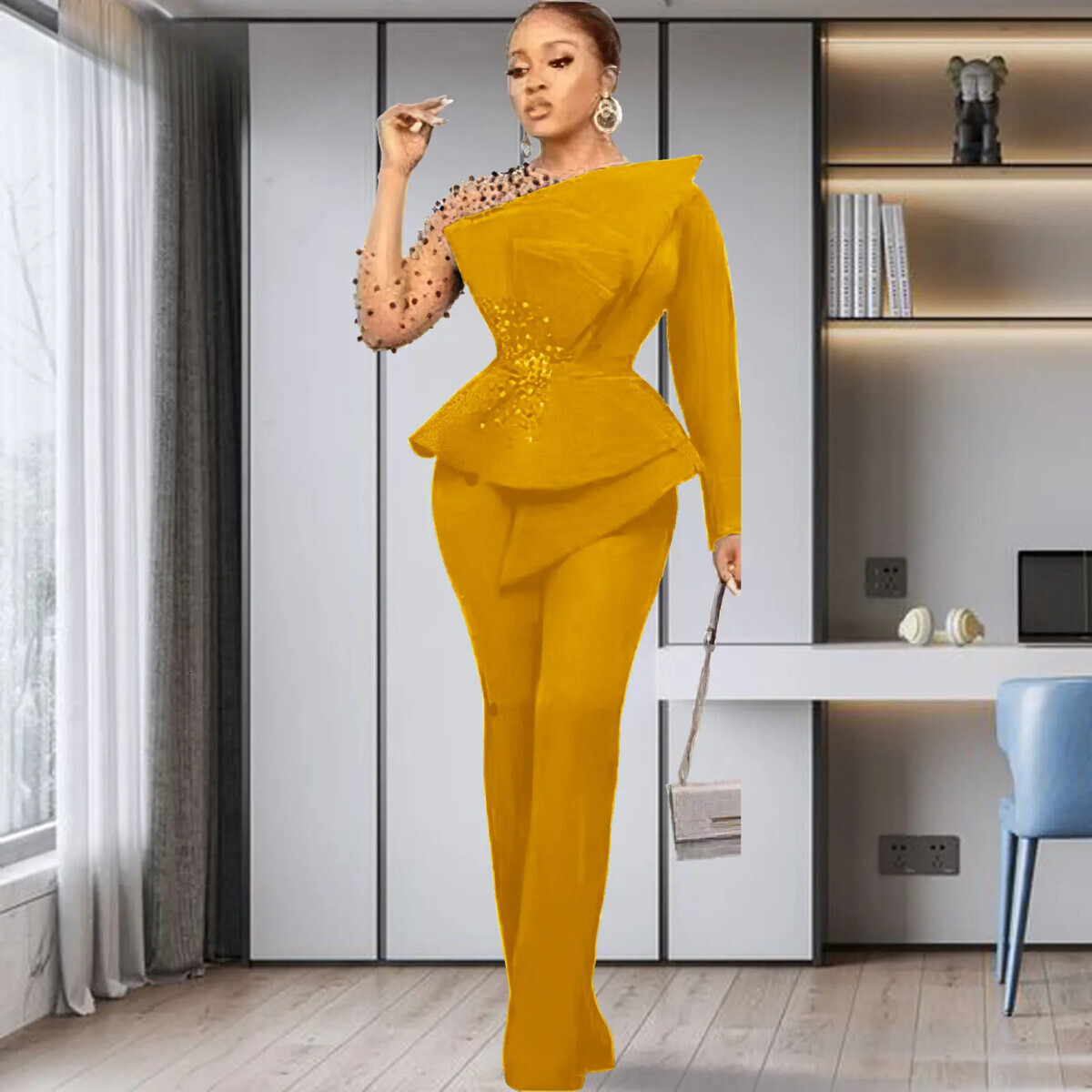 Vintage Women Beading Mesh Patchwork Ruffles Fan-Shaped Blazer Tops And Pants Suit Two 2 Piece Set Outfits Tracksuit