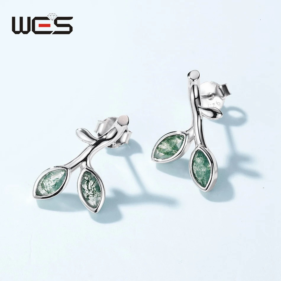 WES 925 Sterling Silver Horse Eye Moss Agate Stud Earrings for Woman Leaf Wedding Gifts Fine Jewelry Rhodium Plated 241214