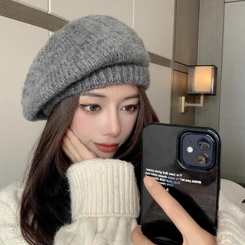 Solid Color Women Beret Hat Vintage Woolen Knitted Warm Beret Girl Ladies Autumn Winter Artist Painter Cap 241214