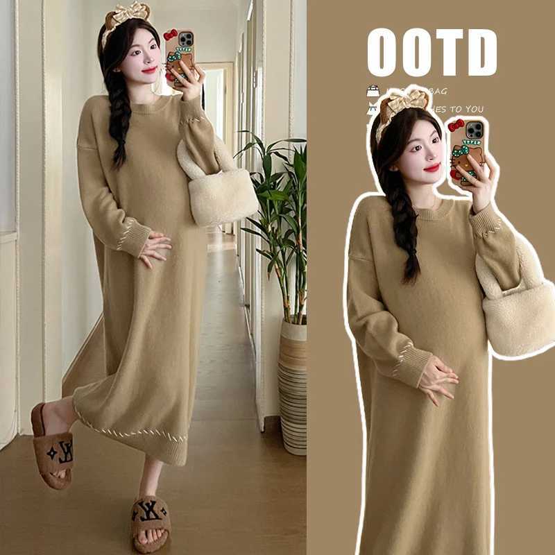 X68269# Pregnancy Dress Maxi Dress Plus Size Thicken Loose Women Korean Sle Sweater Soft Knitted Women Pregnant DressesXJ241213