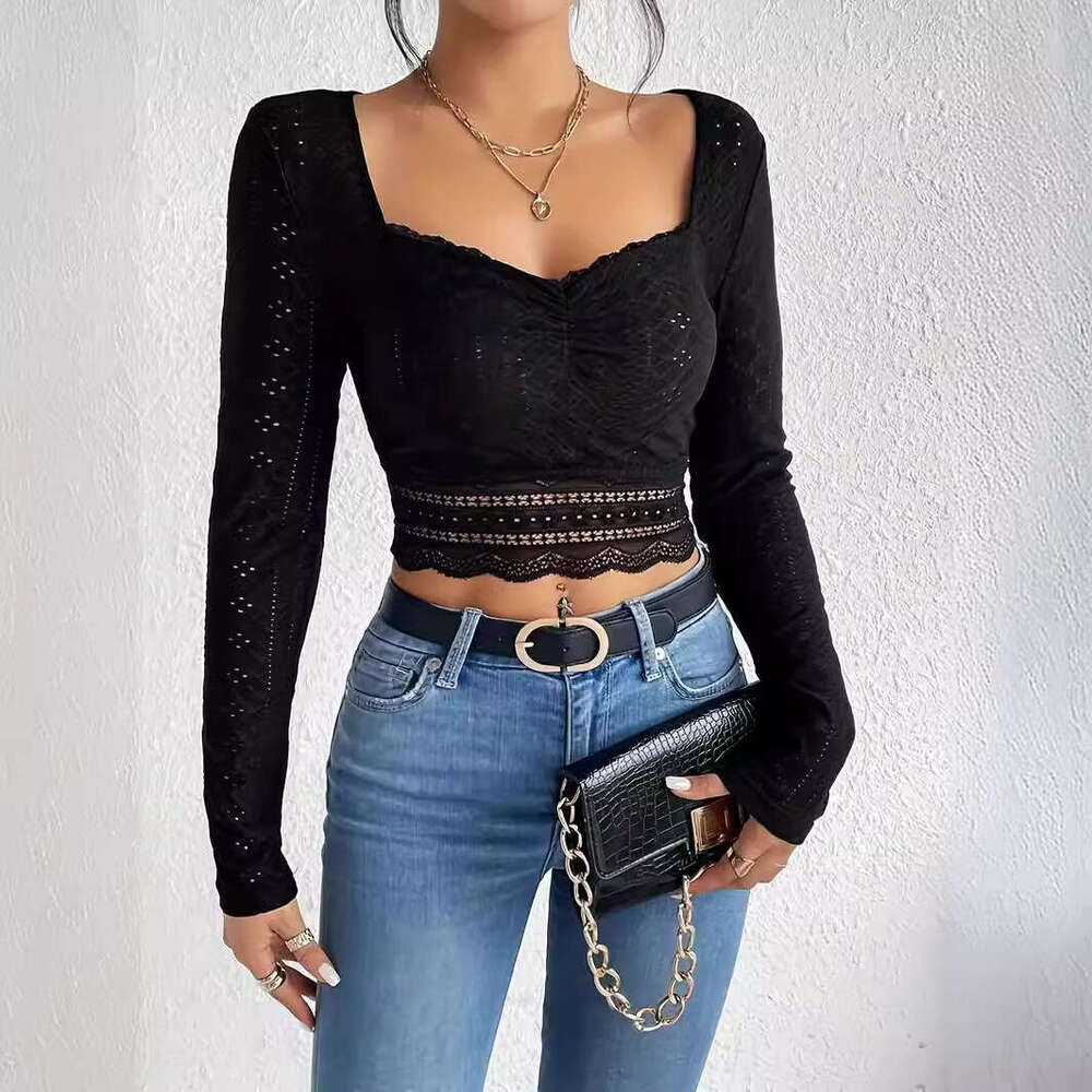 2024 summer new European and American women's clothing lace pleated square neck base long sleeved t-shirt for women