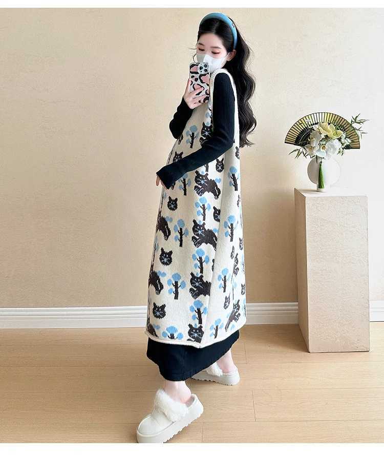 Pregnant Woman Autumn Winter Sleeveless Knitted Dress Fashion Printed Materni Sundress Button Fly Long Loose Cardigans SweaterXJ241213