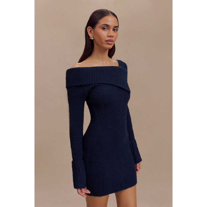 New Autumn And Winter Women's Sexy Off Shoulder Long Sleeved Knitted Elegant Dress Short Skirt For Women
