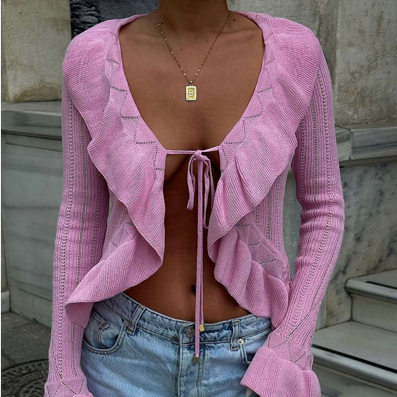 New knitted cardigan jacket European and American foreign trade, sexy hollow out exposed navel tied long sleeved ruffle edge sweater for women