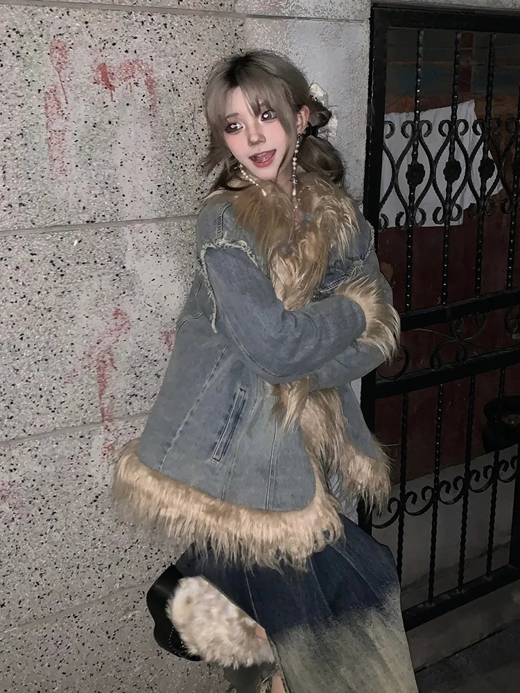 Y2k Aesthetics blue denim pocket jacket retro Grunge fur patch work jacket Harajuku winter single chest streetwear jacket 241210